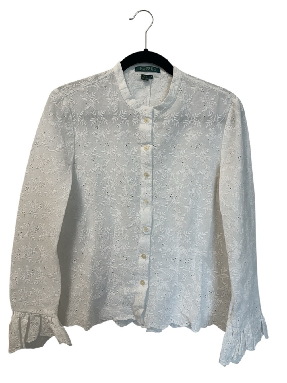 Lauren Ralph Lauren Women’s Cotton Floral Eyelet Bell Cuff Shirt White SZ 14